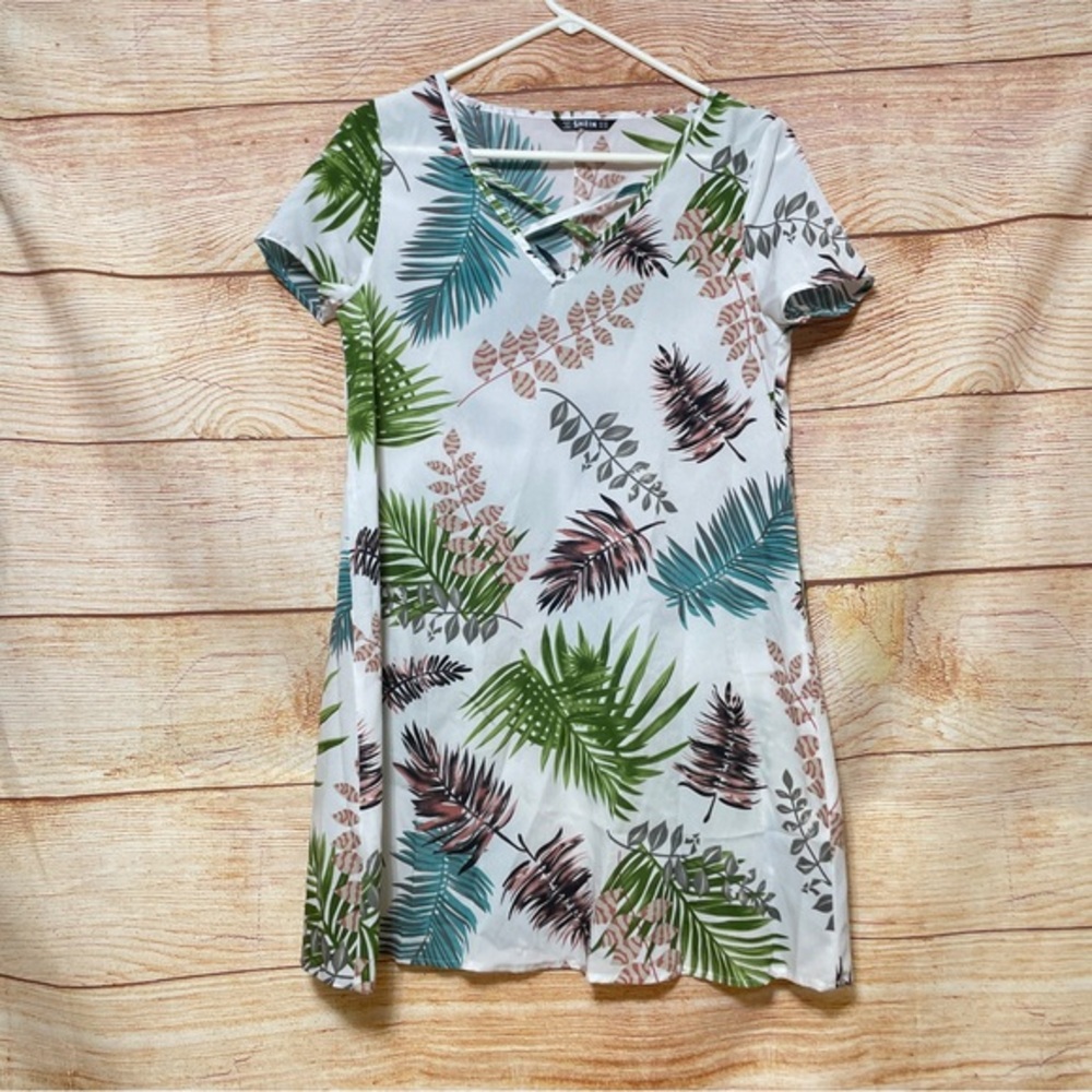 Leaf Tropical Batwing Short Sleeve Tunic Dress Size XS